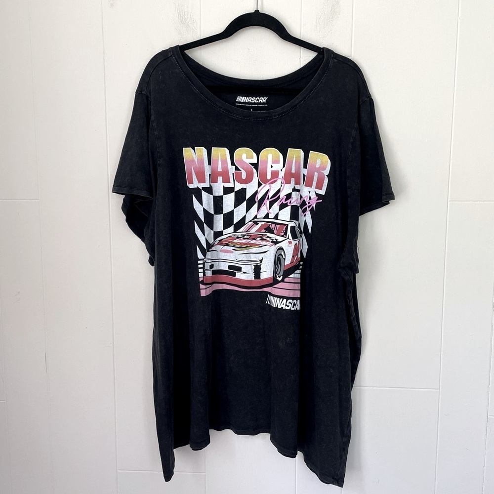 NASCAR Short Sleeve Graphic T-shirt Tunic Dress Black Wash Out ~ Women’s Size 5